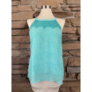 Skies Are Blue Teal White Geometric Embroidered Halter Tank Top Blouse 35448 M